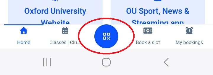 To enter the sports center, ensure you have your phone with you and are logged in to the app.
Select the middle icon on the bottom task bar to enable your camera. Scan the QR code on the barrier after reception.