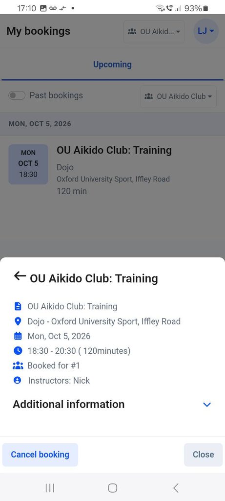 If necessary a session can be cancelled by selecting the "Cancel booking" button.