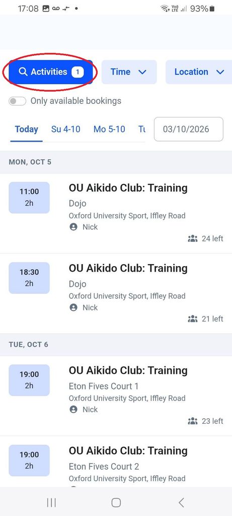 To book more sessions return to the "Classes/Courses" section. Filter by "Activities" if necesssary.