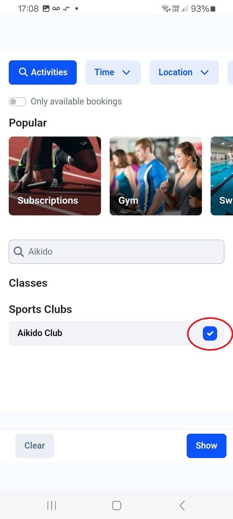 Select "Aikido club" and then "Show"
