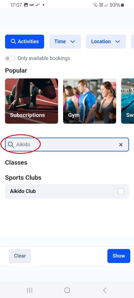 After seraching  for "Aikido" the only option offered should be "Aikido Club"