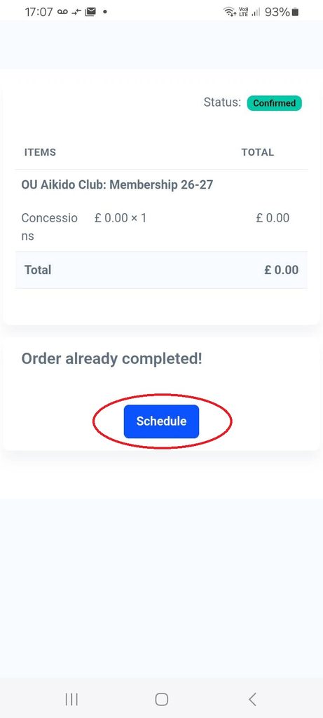 Booking a session immediately after the membership purchase, tap "Schedule"