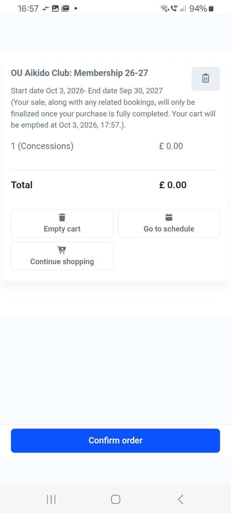 To complete the membership "purchase" tap "Confrim order". No payment details are required.