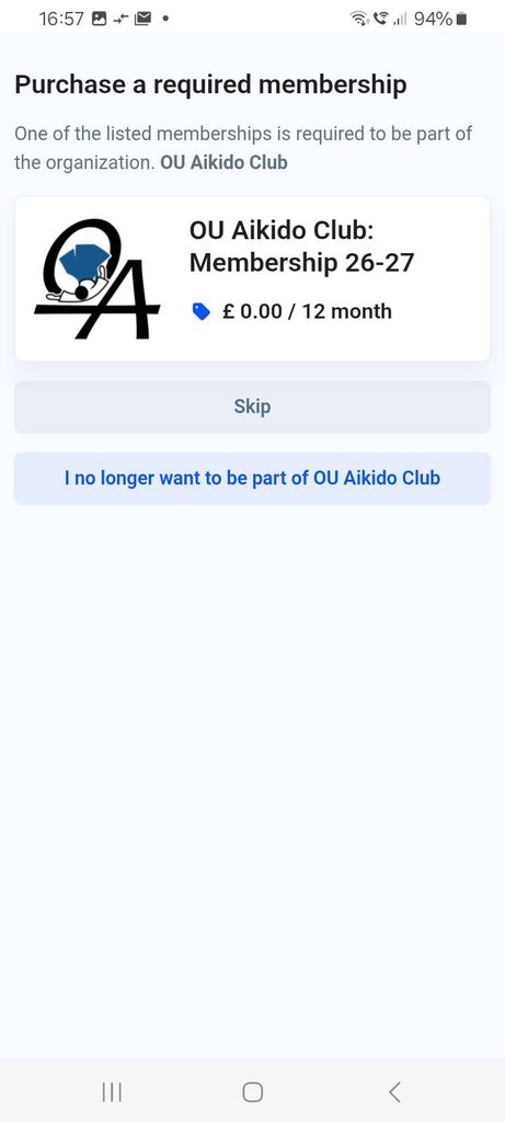 Returning to "My Profiles" in the OU Sports app you should see an option to "purchase" a required membership, this has no cost.