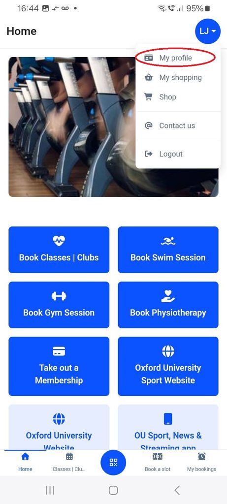 After registration select "My Profile" on the main OU Sports app screen.