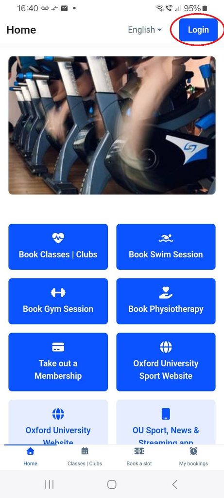 Opening screen of the OU Sports app, ready to login or register.