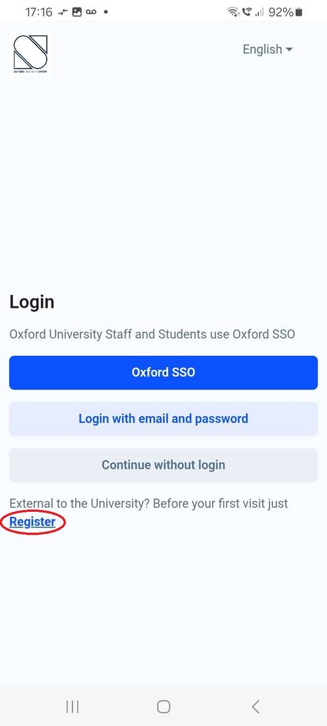 Login page of the OU Sports app. If registering select "Register"