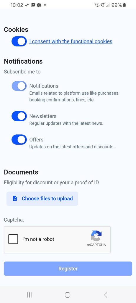 End of the registration page - proove you are not a robot and finish by tapping "Register".
